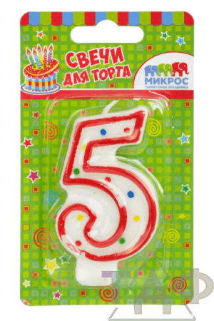 Свеча-цифра красное ассорти "5" 7,5 см/12