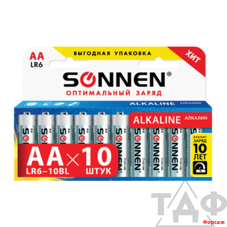Элемент питания SONNEN Alkaline 10 шт в уп АА (LR6, 15А)
