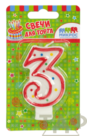 Свеча-цифра красное ассорти "3" 7,5 см/12