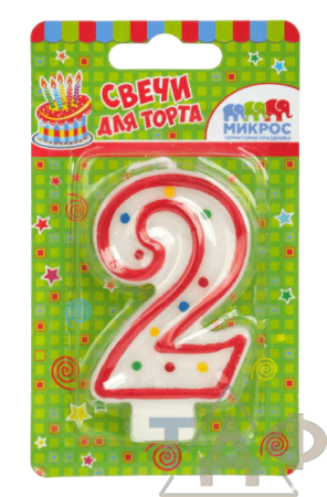 Свеча-цифра красное ассорти "2" 7,5 см/12