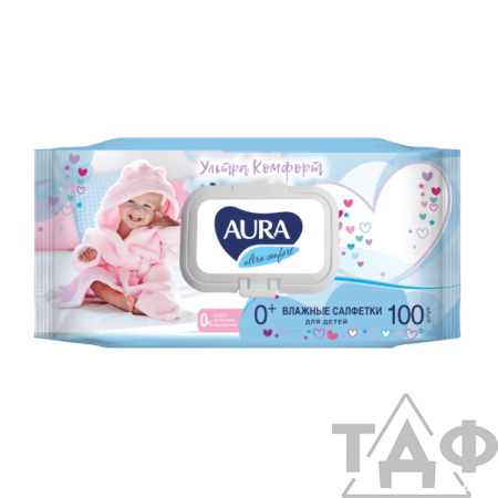 Салфетки влажные КОМПЛЕКТ 100 шт., для детей AURA "Ultra comfort", гипоаллергенные, без спирта, крыш