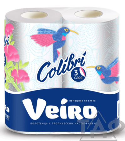 Полотенца бумажные "Linia Veiro" Colibri, 3сл., 2 рул., белые с цв.тиснением, 60л