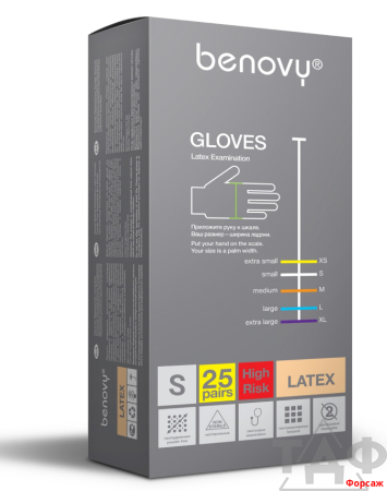 Перчатки латекс Benovy  р-р S High Risk  25 пар/уп/10